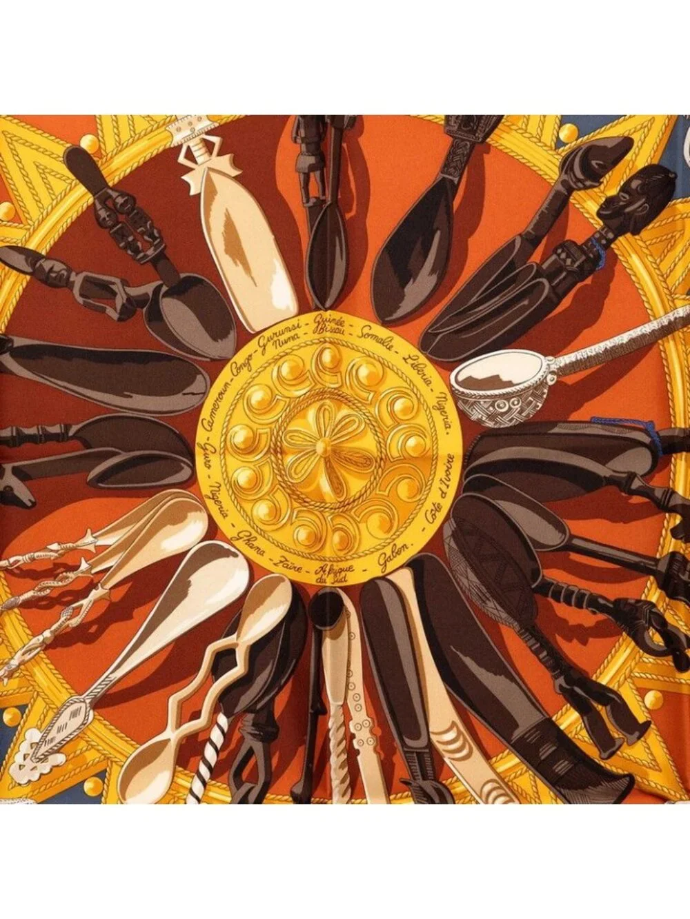 Hermes Carre 90 Cuillers D'afrique African Spoon Scarf Brown Multicolor Silk